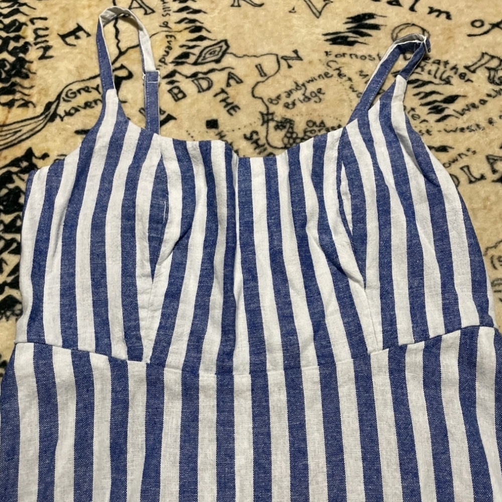 Old Navy Size Medium Blue And White Striped Dress Linen Blend Back Smocking - Picture 4 of 11